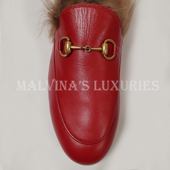 GUCCI SHOES JORDAAN HORSEBIT SHEARLING FUR RED LEATHER LOAFERS 37.5 7.5 US - Picture 11 of 16